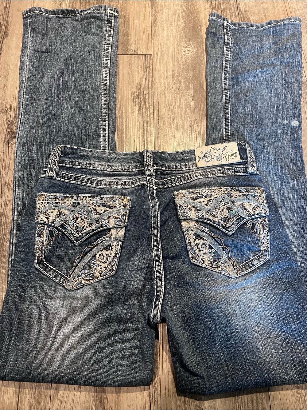 Grace in LA blue bootcut jeans with embroidery, Size: 26"